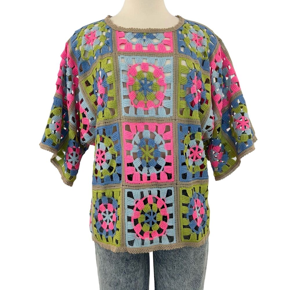 Johnny Was Florabelle Crochet Top Colorful Knitted Granny Square Pattern Size XS